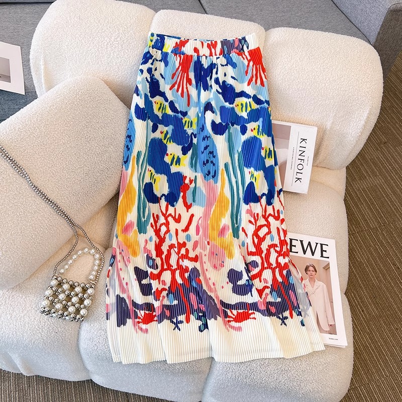 2024 New Summer Fashion Retro Pleated High Waist Slimming All-match Marine High-end Printed A- Line Skirt