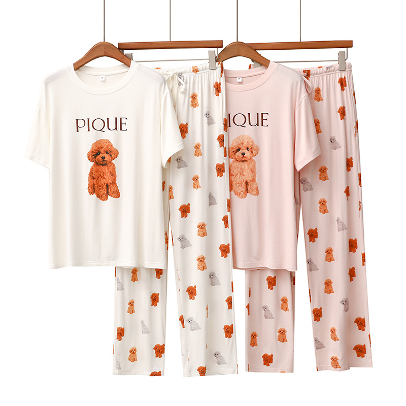 Cartoon Teddy Dog Modal Pajamas Women's Short Sleeve Long Pants Pajamas Thin Loose Home Clothes Set