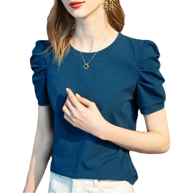 Short-sleeved T-shirt Women's Summer 2023 New Summer Retro Pleated Puff Sleeve Design Sense Niche Cotton T-shirt Top Women