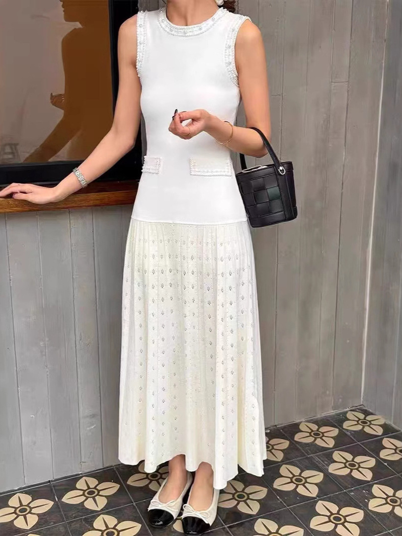 Shenzhen Nanyou High-End Women's Summer French Style Beaded Sleeveless Knitted Dress Long Knee-Length Dress