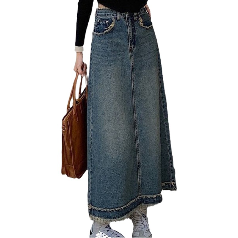 American design hem frayed skirt Denim Autumn New Korean style high waist denim skirt A- Line skirt