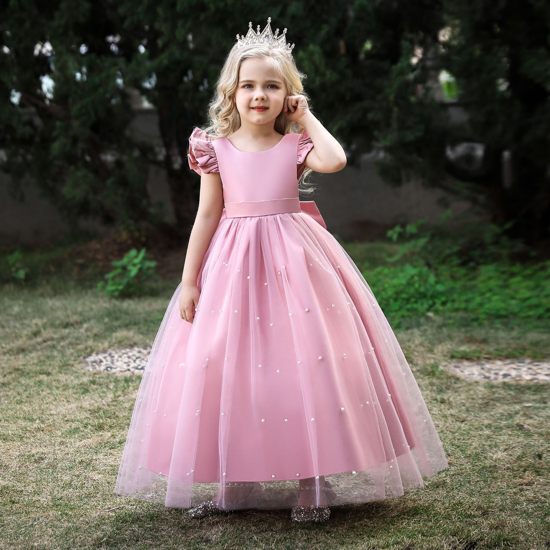 Picture of European and American Children's Dress Flower Girl Princess Dress Girl's Bow Long Dress Piano Performance Dress Poncho Wedding Dress Dress