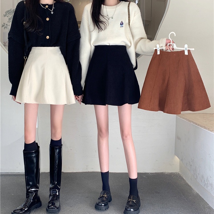 New Autumn and Winter Dress milk brown Corduroy Skirt Children's Academic Style High Waist Slimming Pleated A- Line Short Skirt