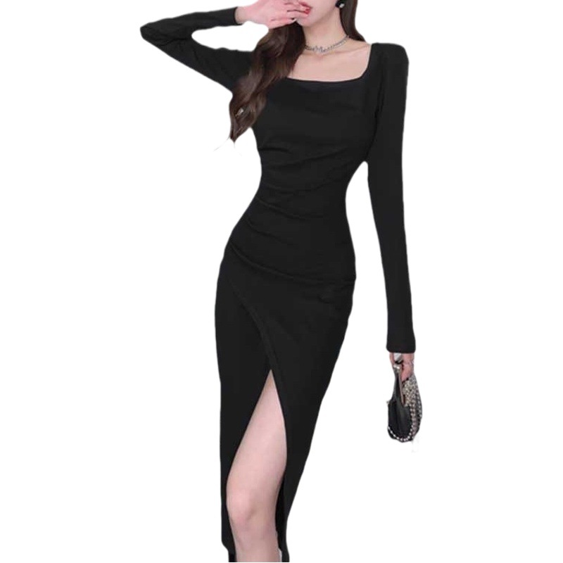 Early autumn dress 2023 new long sleeve square collar midi dress women's slim fit slimming women's hot girl split hip skirt