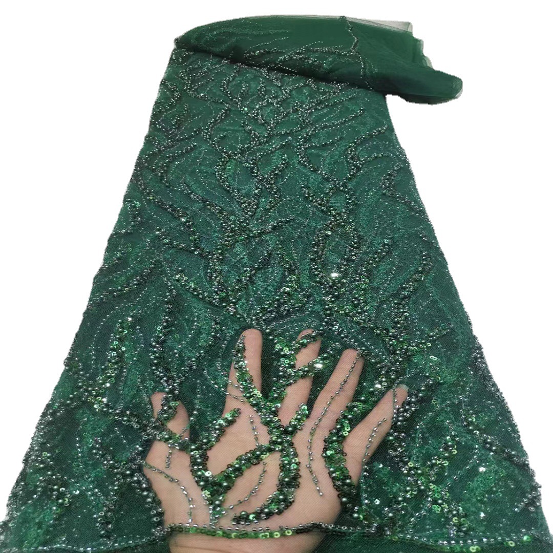 European and American green dress three-dimensional beads sequins embroidered wedding dress stage performance clothing fabric JX2216