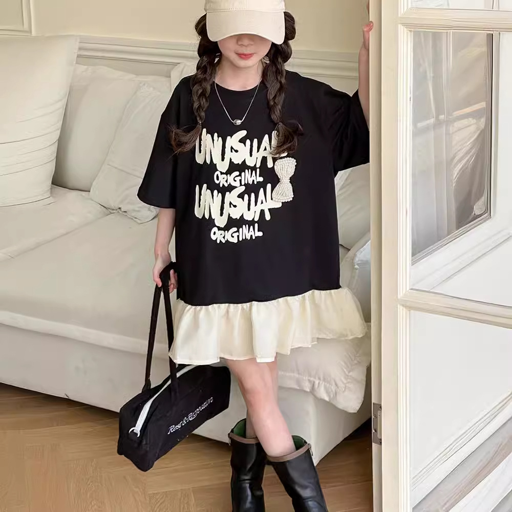 Picture of 2024 New Girls' Summer T-shirt Dress Western Style Mid-Big Children's Letter Printed Short-Sleeved Ruffled Stitching Dress