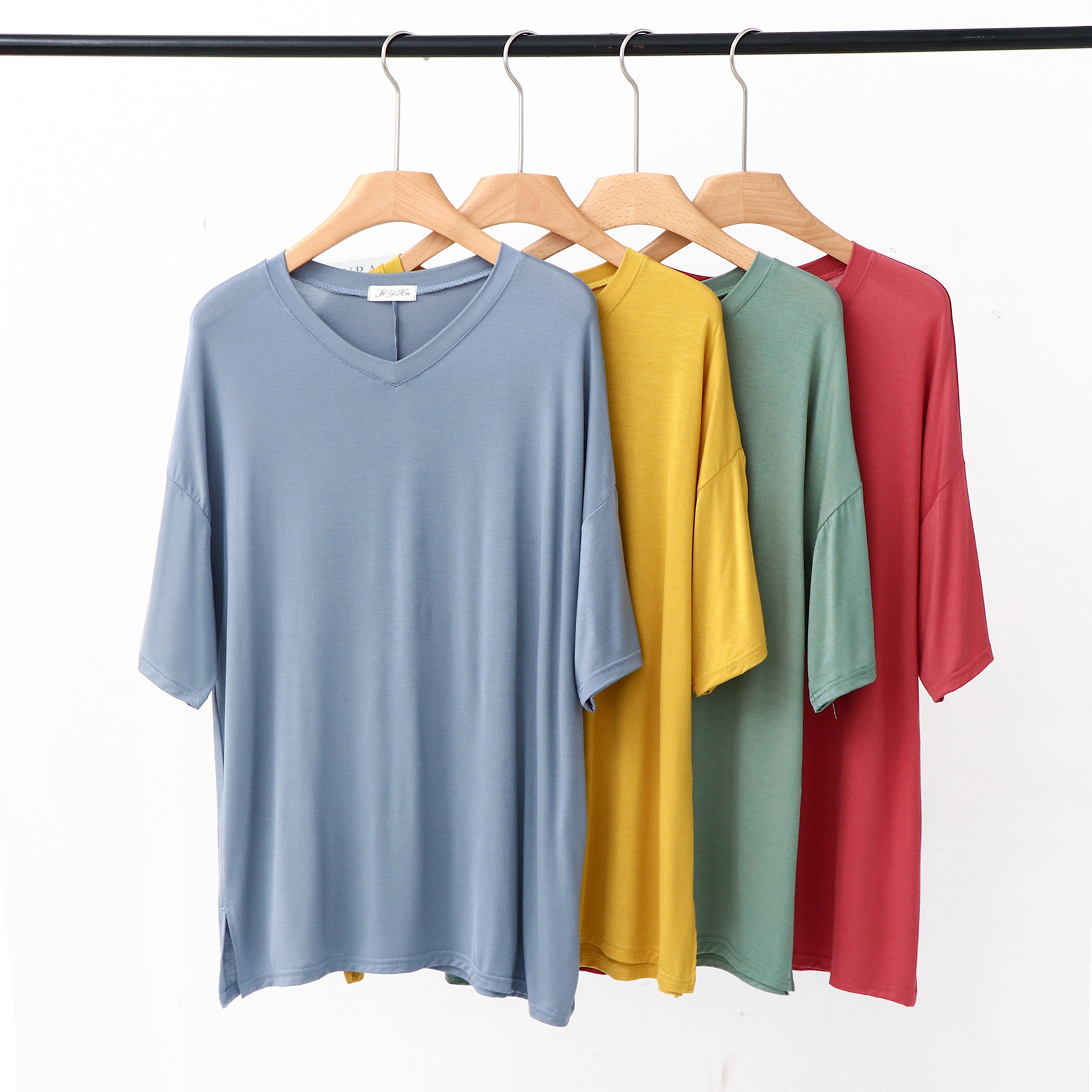 Loose Soft Waxy V-neck Short-sleeved Cotton Elegant Commuter Large Edition Pullover Loose Base Shirt for Outer Wear Home Wear