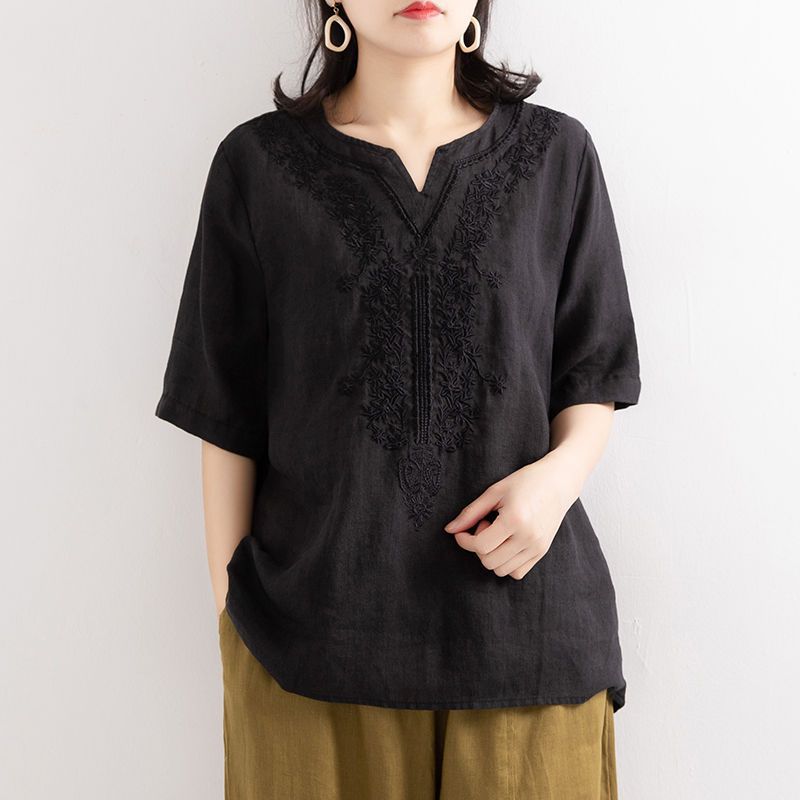Picture of Pure Cotton V-Neck Summer New Cotton and Linen Shirt Women's Literary Loose Pullover Embroidered Short-Sleeved T-Shirt Women's Embroidered Top Trendy