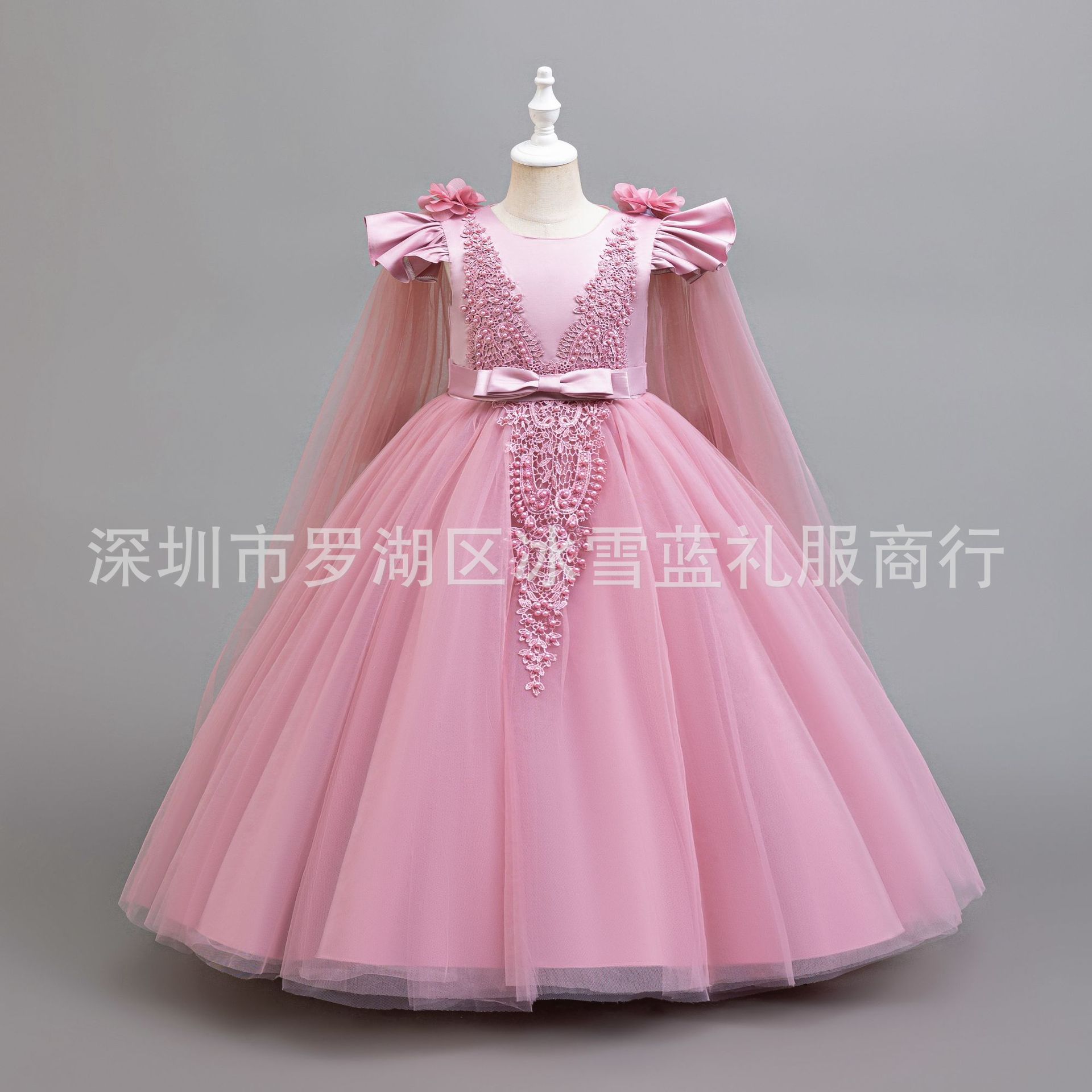 Cross-Border Foreign Trade Girls' Dress, Big Children's Flower Pearl Wedding Dress, Flower Girl Performance Princess Dress, Floor-Length
