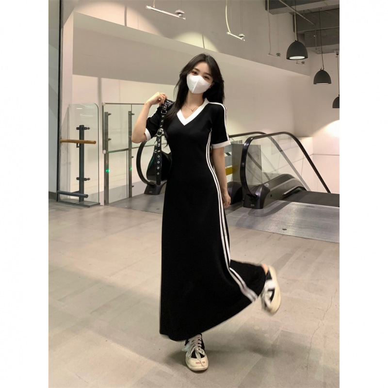 Sexy Black Splicing V-Neck Short-Sleeved Dress for Women 2025 Summer New Slim High-Waist Slim Long Skirt
