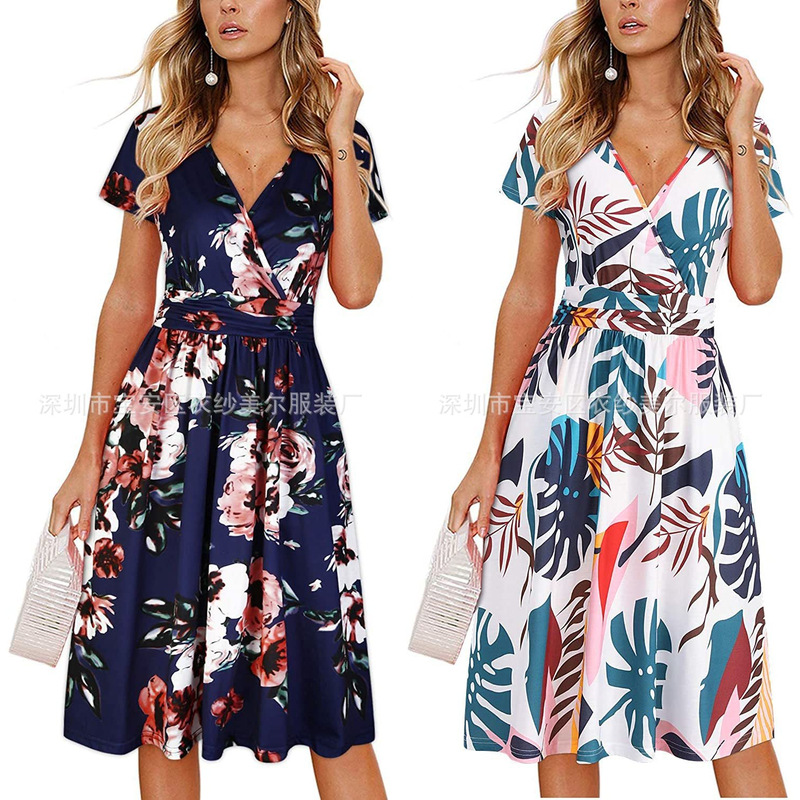 2024 New Summer Women's Amazon Printed V Neck Chest-Wrapped Short-Sleeved Flap Pocket Pants Dress Mid-Skirt