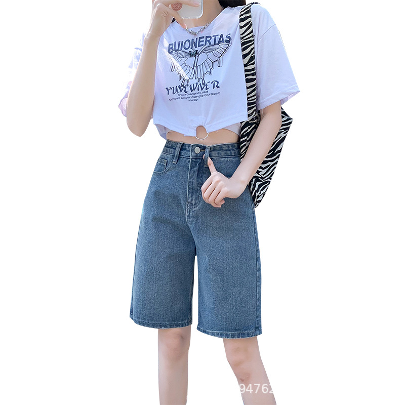 Picture of Black High Waist Denim Shorts Women's Five-point Pants Summer Thin 2023 New Arrival Loose Trendy ins Mid-length Pants