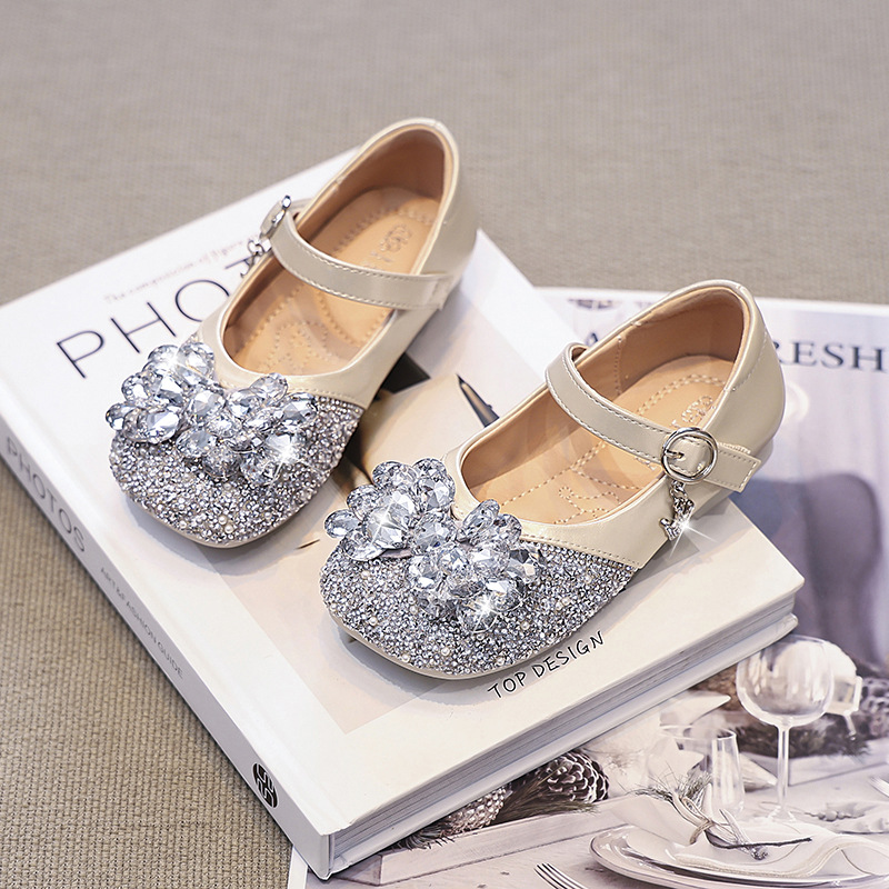 Girls' Small Leather Shoes Silver Princess Shoes 2025 New Spring Kidsren's Shoes Soft Sole Baby Girl's Crystal Shoes Elsa