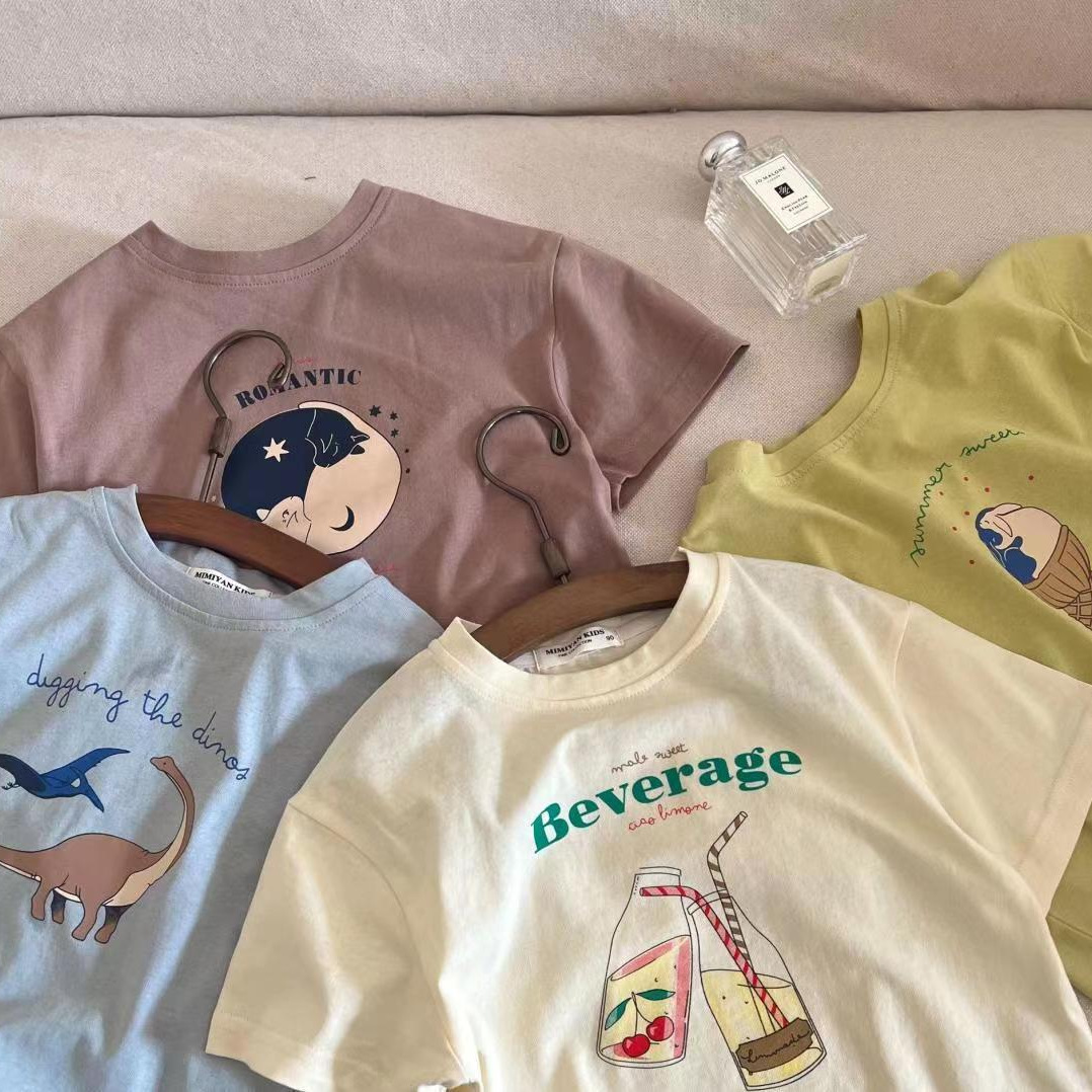 Picture of Children's Pure Cotton Short-Sleeved Tops 2024 Summer Cartoon Printed Half-Sleeved T-Shirts for Kidsren and Middle-Aged Kidsren Summer Clothes