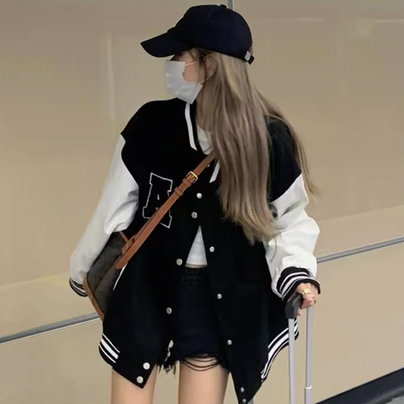American Retro Baseball Suit Women's Autumn and Winter Students Wear All-match Jacket Design Sense fleece-lined Thickened Jacket Top