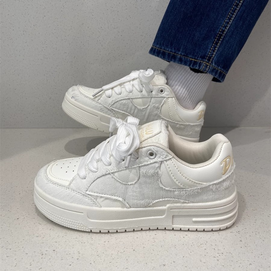 Niche Chic Breaking Style Denim Platform Bread Shoes Women's Trendy All-match Skate Shoes Height Increasing White Shoes for Students Women
