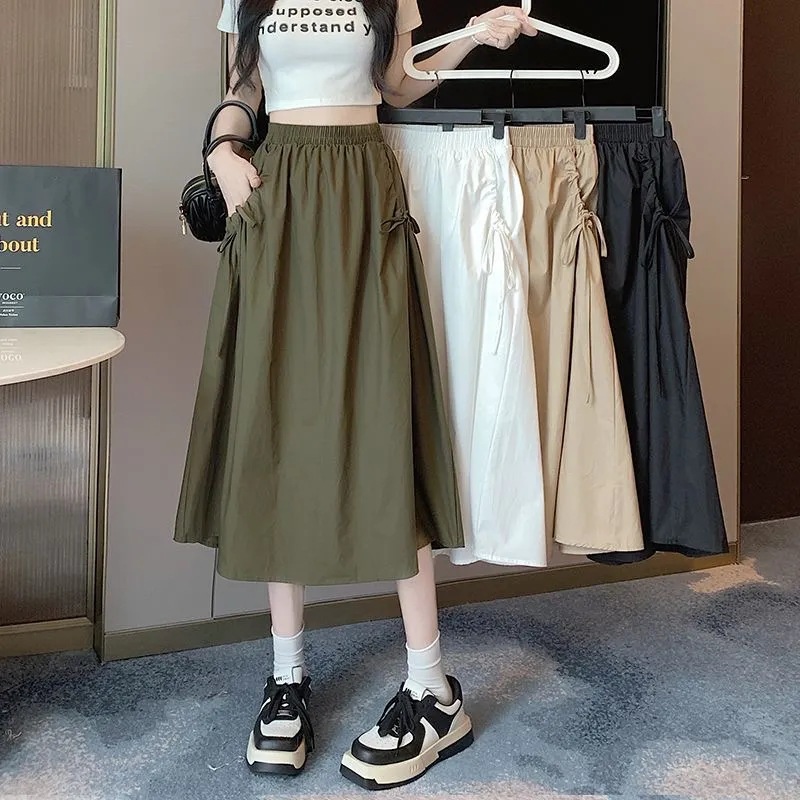 2025 Summer New All-match Solid Color Lace Drawstring Pocket Mid-length Workwear Half-length A- line Skirt for Women