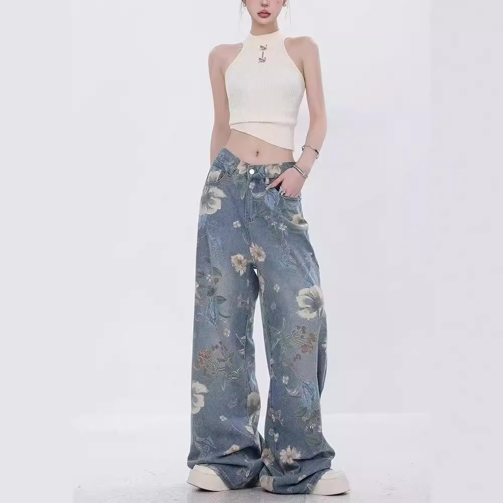 2024 New Summer New American Style Retro Printed Wide Leg Jeans Women's Niche Design Straight Pants