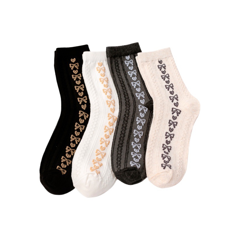 Socks Women's Spring and Autumn Cotton Cute Japanese Ins Fashionable Winter Bowknot Love Mid-length Socks Korean Style Stockings Cotton Socks