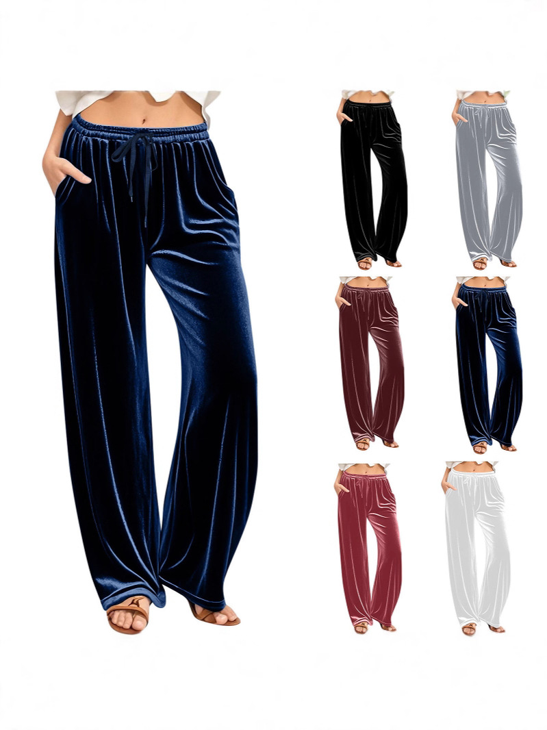 Amazon European and American Cross-Border Independent Station Autumn Women's Velvet Pants Waist Drawstring Jogging Wide-Leg Pants Casual Pants