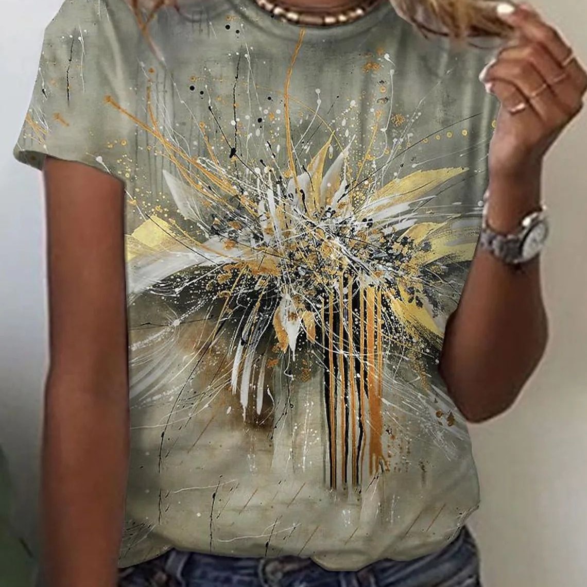 European and American spring and summer New Amazon independent station oil painting style 3D pattern top round neck short sleeve loose T-shirt