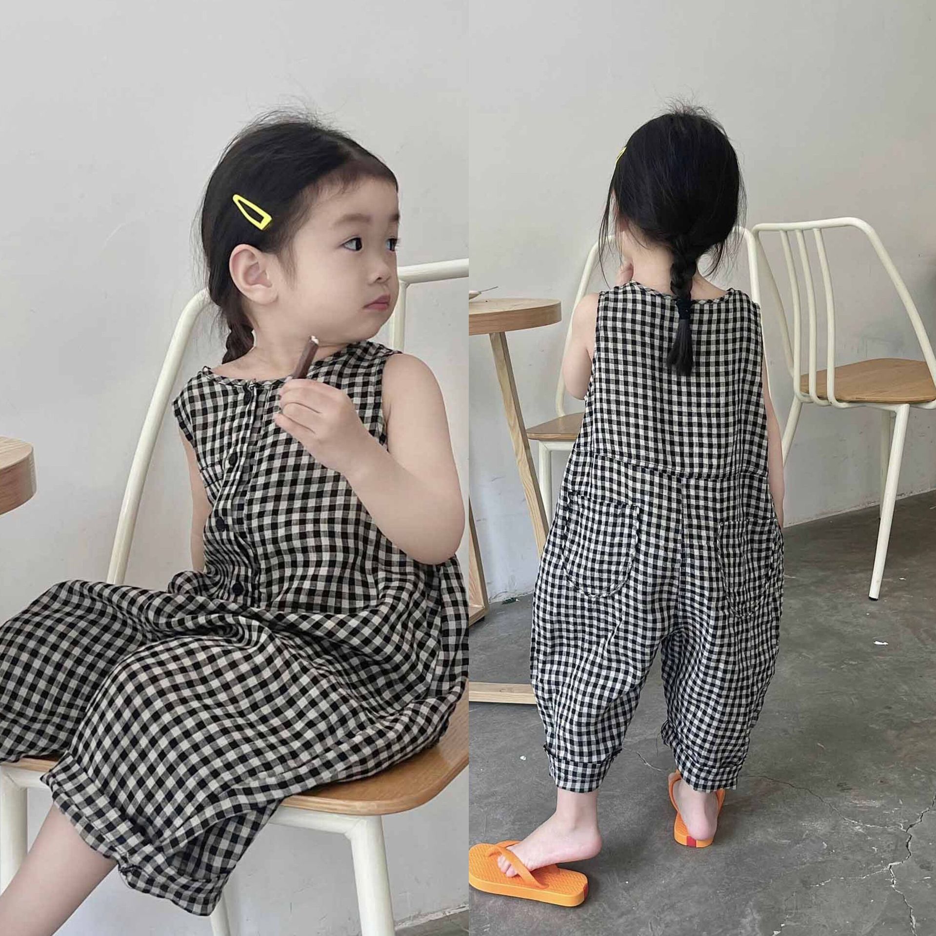 Children's Plaid Jumpsuit Summer New Boys and Girls Sleeveless Loose Foreign Style Jumpsuit Children's One-Piece Hair