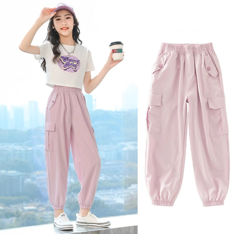 Girls' Cargo Casual Pants Summer 2025 New Children's Ice Silk Anti-Mosquito Pants Big Kids Summer Sports Long Pants Children's Clothing