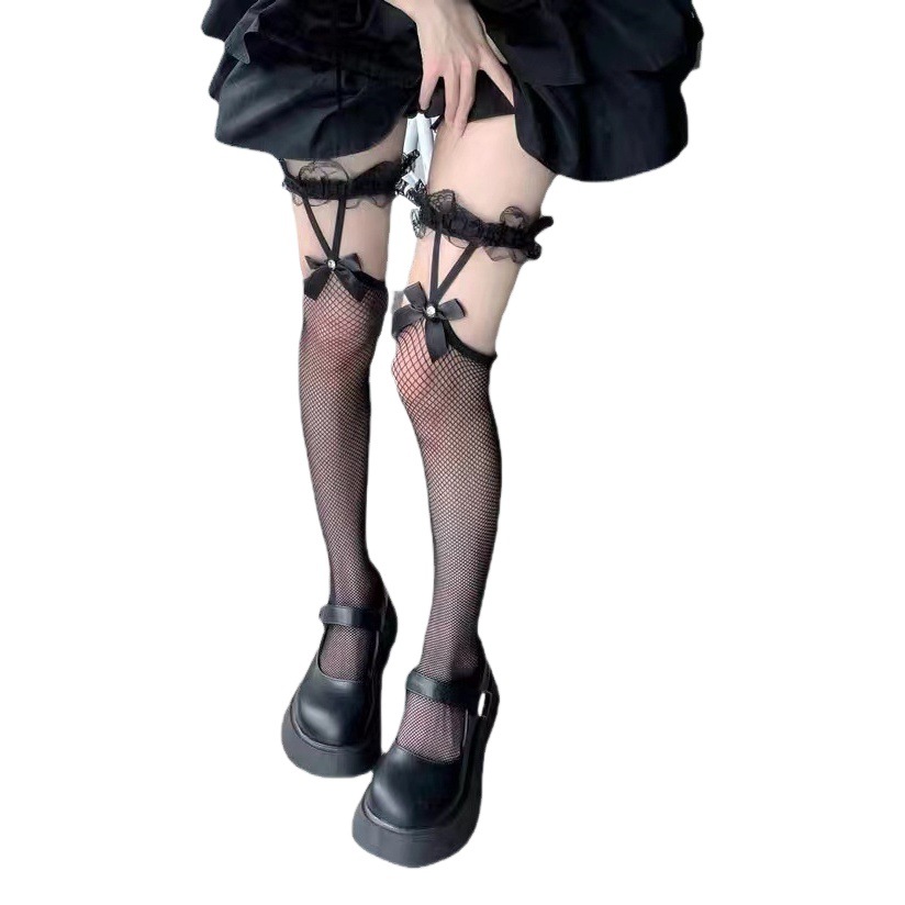 Black Garter Stockings Sexy Lace Leg Ring Bow Over-The-Knee Fishnet Stockings Summer Ultra-Thin Jk White Thigh Socks for Women