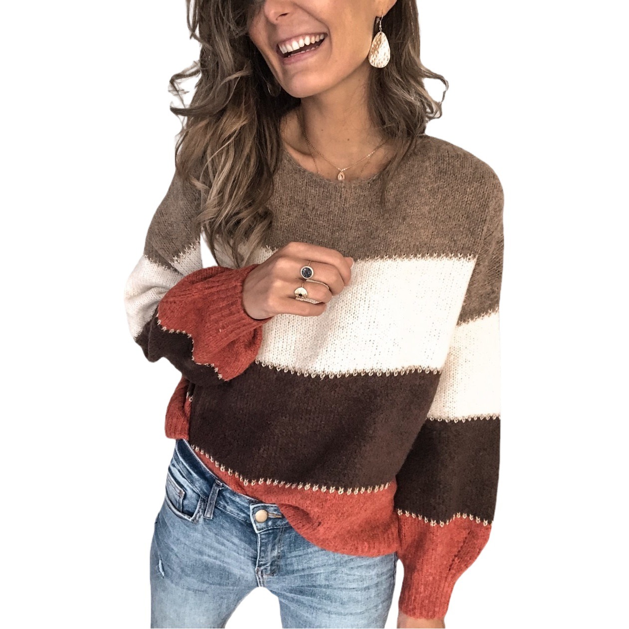 Picture of 2024 European and American leisure autumn and winter new long sleeve striped sweater women's Amazon wish round neck knitted pullover top