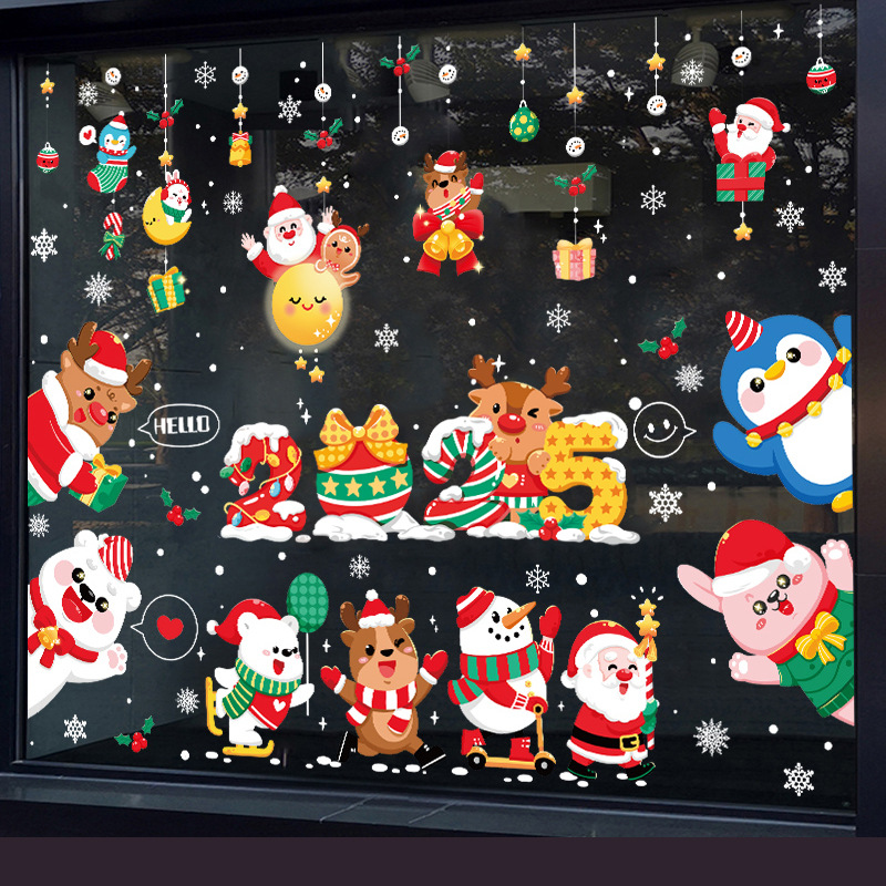 Christmas decorations stickers Christmas shopping mall glass window scene layout Santa Claus snowman electrostatic stickers