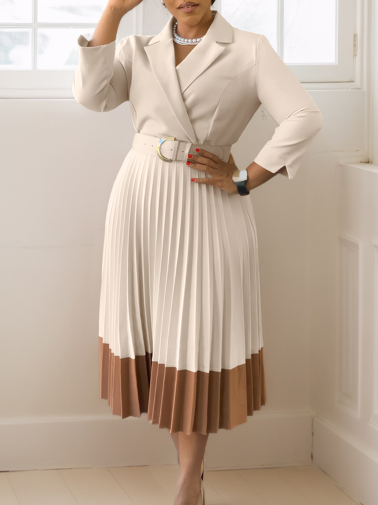 D538 Amazon Cross-Border Autumn and Winter European and American Fashion Women's Suit Collar Fashion Ol Elegant Pleated African Dress