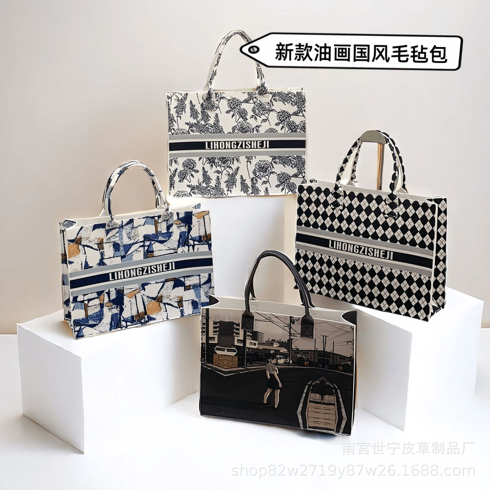 New Felt Handbag Oil Painting National Style Tote Bag Large Capacity Commuter Printed Gift Bag Shoulder Bag Storage Bag