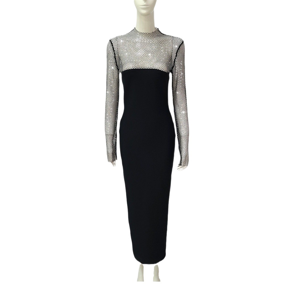 2023 European and American cross-border women's clothing new stitching mesh diamond sexy perspective long sleeve hip bandage long dress dress