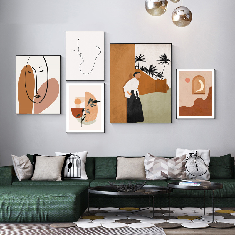Colorful Nordic ins Morandi Color Abstract Line Decorative Painting Character Landscape Living Room Decoration Hanging