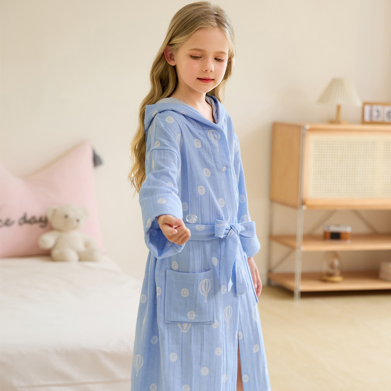 Children's cotton bathrobe spring and summer thin double-layer gauze big children bathrobe Bath swimming nightgown absorbent bath towel with hat