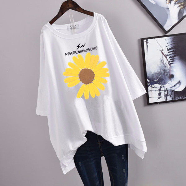 Picture of 100kg Plus Size Women's Summer Leaf Print Casual Slit Mid-Length Short Sleeve T-Shirt Loose Oversized Style
