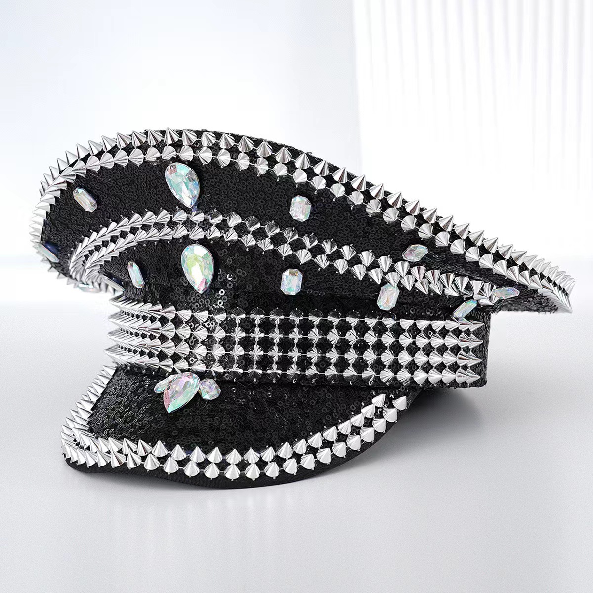Picture of Cross-Border Rhinestone Navy Hat Outdoor Y2K Autumn Hat Women's Large Head Circumference Rhinestone Warm Hat Party Newsboy Hat