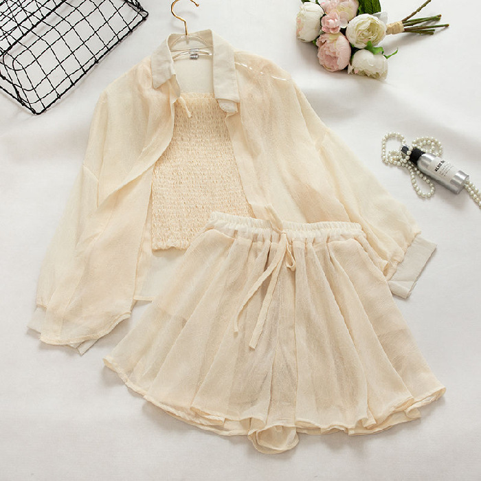 Picture of 2025 French Sun Protection Jacket Shorts Chiffon Clothes Elegant Suspender Top Suit Women's Spring and Summer Three-Piece Set