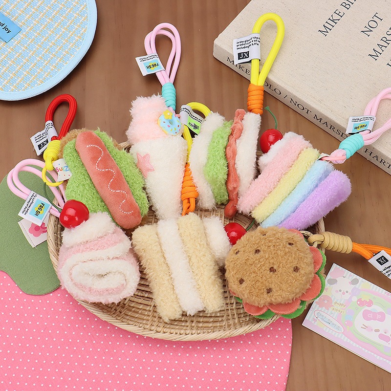Cartoon Plush Hamburger Sandwich Strawberry Cake Roll Fabric Accessories Simulation Dessert Bag Keychain Pendant