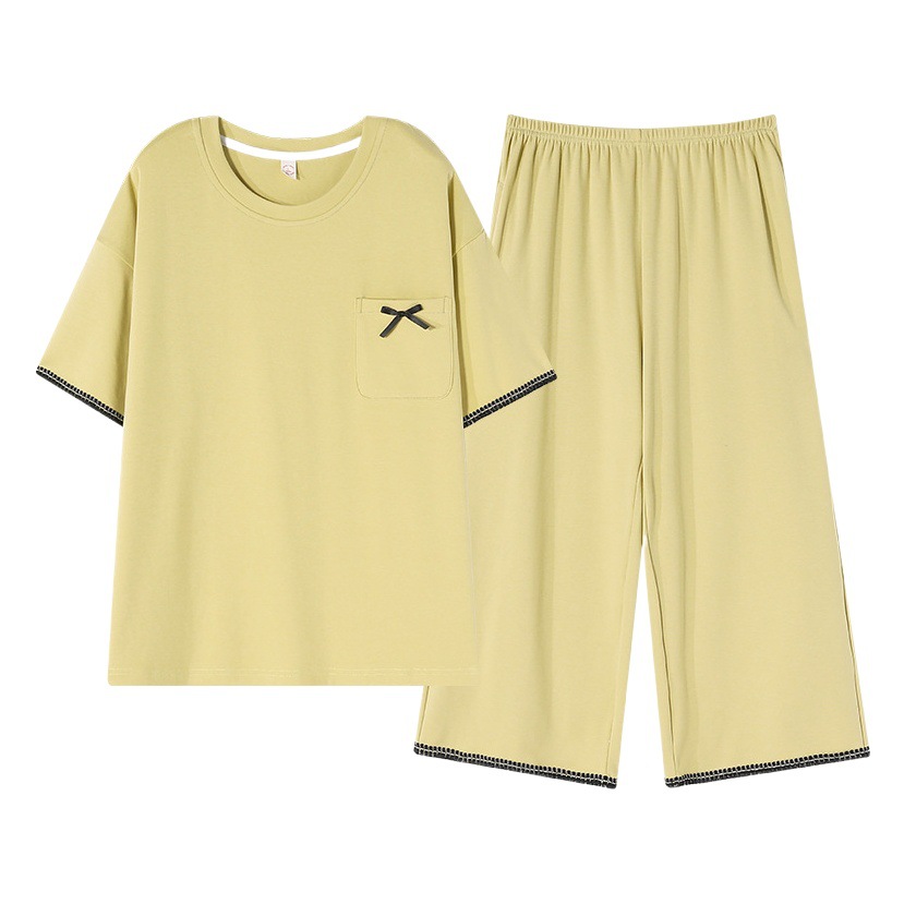 [Pure Cotton] Summer Pajamas for Women with Padded Short-Sleeved Cropped Pants, High-End Home Wear Set That Can Be Worn Outside and Is Breathable