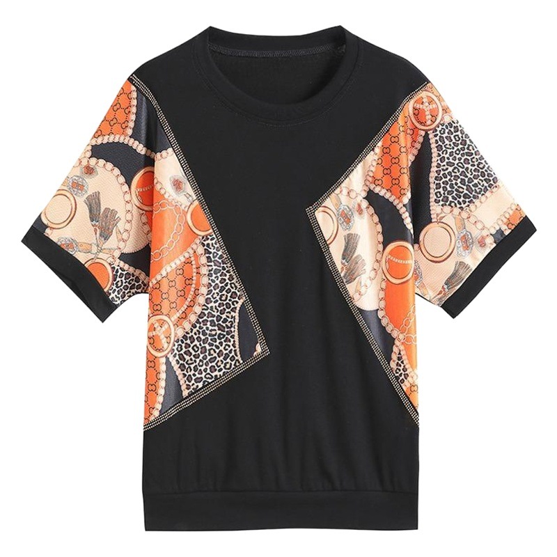 2023 Summer mom plus size rhinestone printing stitching short-sleeved T-shirt women's new plus size loose chubby girl top
