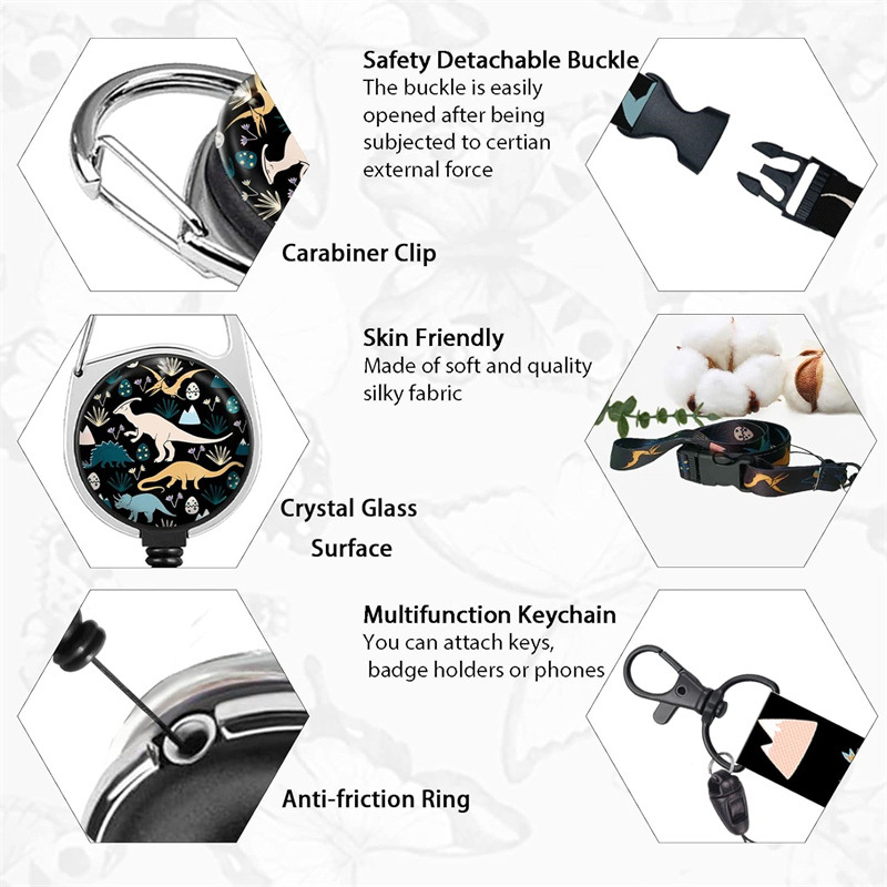 Picture of dinosaur polyester removable lanyard uv double-sided printing card sleeve retractable easy pull buckle printable logo