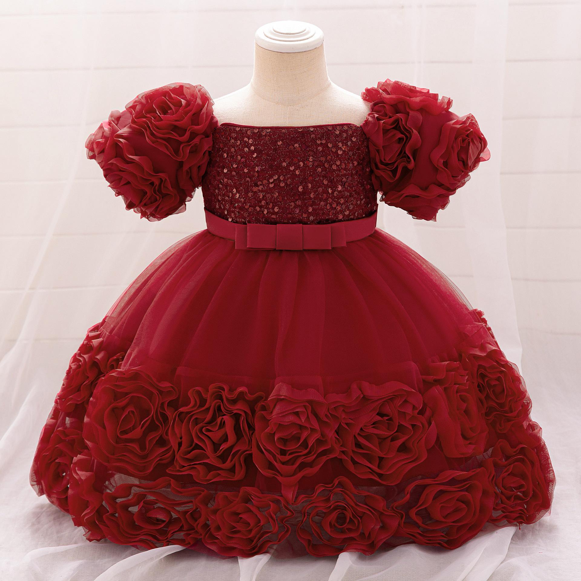 Cross-border New Girls' Dress Decal Princess Dress One-year-old Dress Flower Girl Dress Bubble Sleeve Rose dress