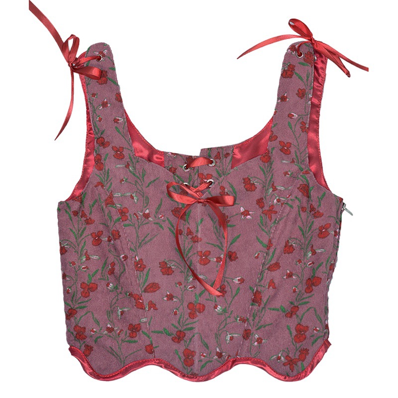 V-Neck Corduroy Small Floral Print Bow Petal Hem Fishbone Strap Short Bra Vest