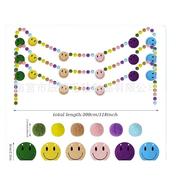 Picture of Bohemian Smiley Face Felt Banner Colorful Garland Party Decoration Theme Bunting Home Decoration Cute