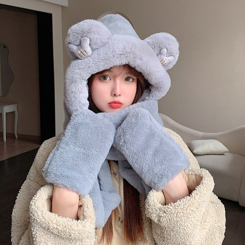 Picture of Winter plush hat scarf gloves one female rabbit autumn and winter three-piece cute thick scarf warm windproof
