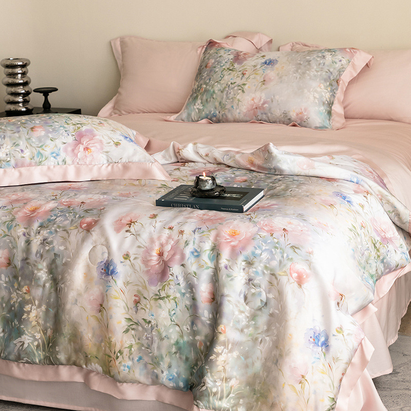 Printed Double-Sided Tencel Summer Quilt Four-Piece Set 100% Lyocell Printed Air-Conditioned Quilt Machine Washable Summer Cool Quilt Thin Quilt