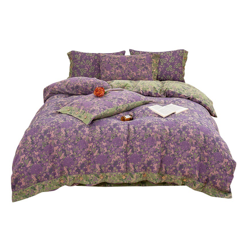 Pure Cotton Double-layer Yarn Four-piece Set Cotton Class A Autumn and Winter Bed Sheet Quilt Cover Four Seasons Simple Wedding Bedding Nude Sleeping