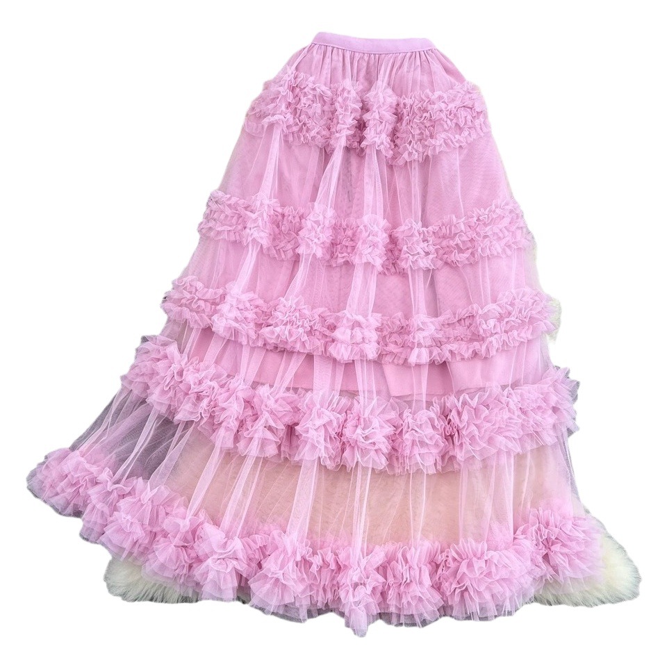 Cross-border high waist slimming mesh skirt elastic band mid-length over-the-knee irregular wooden ear Super fairy cake skirt for women