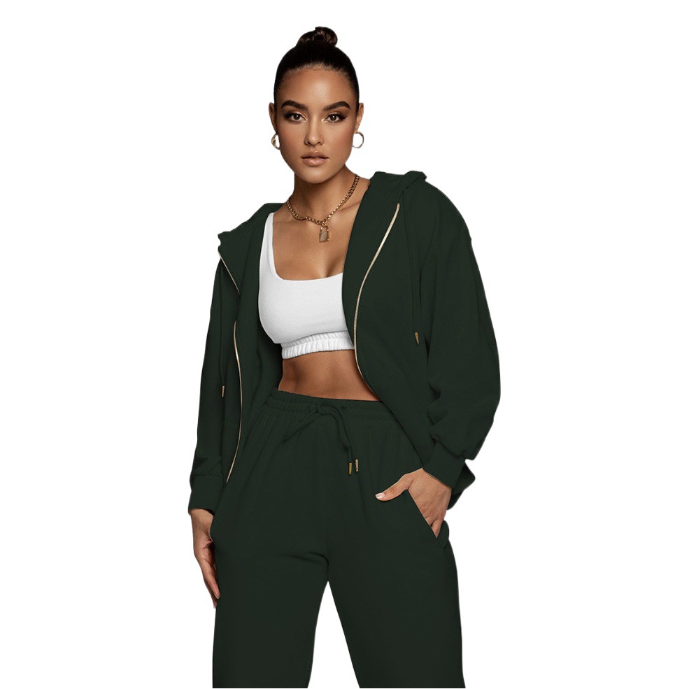 Export Women's Two-Piece Set Autumn and Winter European and American Zipper Cardigan Hooded Leggings Two-Piece Set